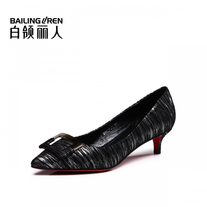 白领丽人春新幻彩羊京欧美时尚尖头细中跟舒适浅口单鞋 黑银现货 37