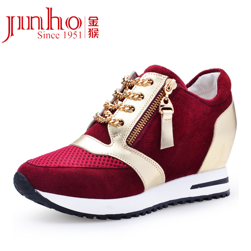 金猴 Jinho 内增高女鞋春秋新款 女皮鞋高跟鞋侧拉链拼色单鞋女 Q59082A Q59082A 酒红色 40码