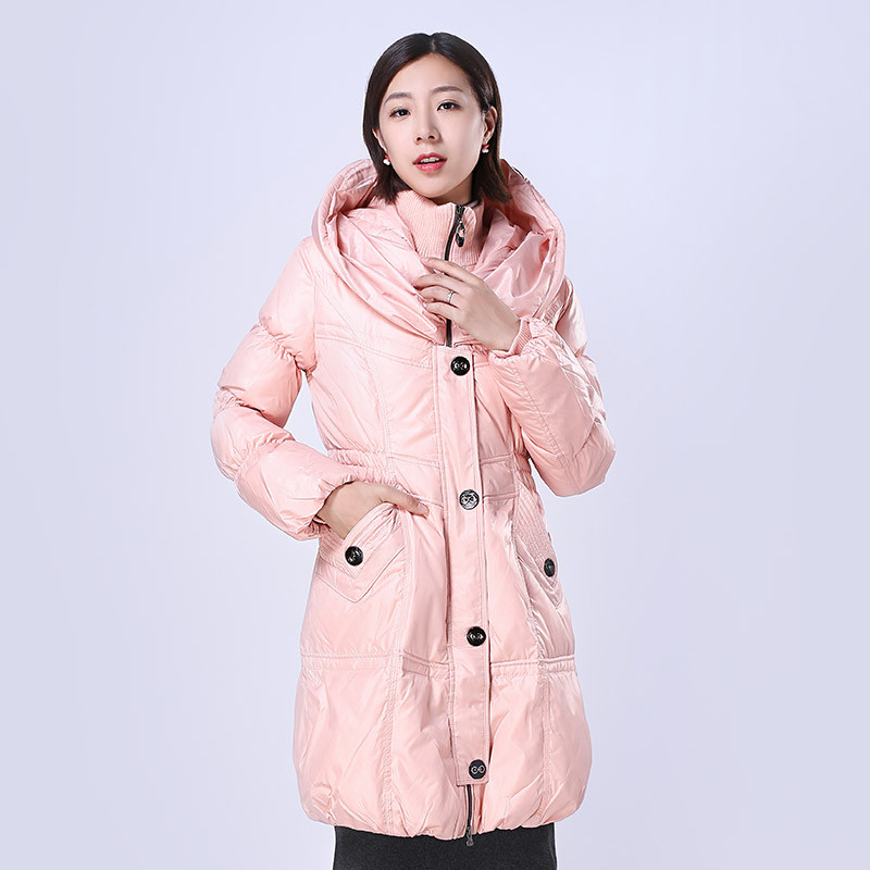 千仞岗品牌中年女款羽绒服中老年女款连帽修身中长款冬装外套1622 175/XL 嫩粉色