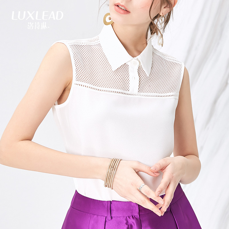 LUXLEAD洛诗琳2016夏装新品翻领网布拼接麻纱无袖百搭套头小衫XSH316258