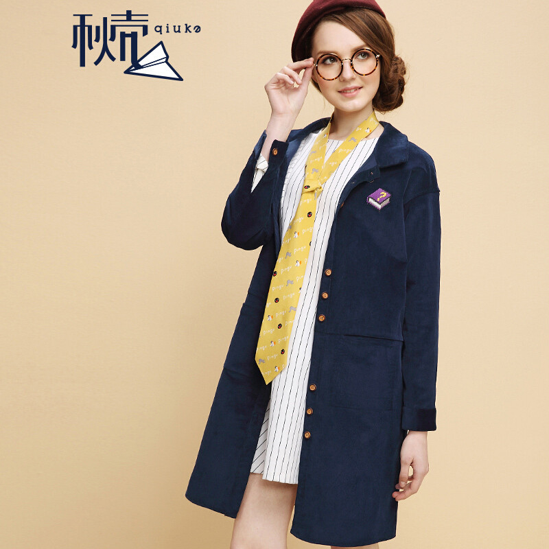 秋壳秋装灯芯绒宽松型中长款外套大衣女 L 深宝蓝