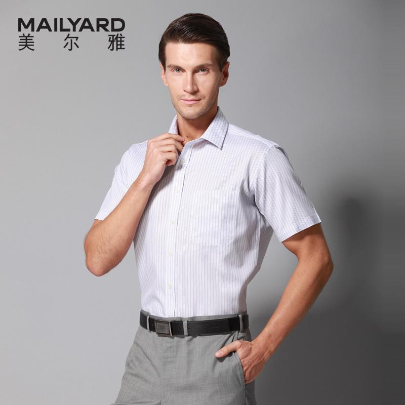 美尔雅（MAILYARD）短袖衬衫男纯棉商务修身男士衬衣男式休闲条纹短衬衣223 38S 蓝竖纹