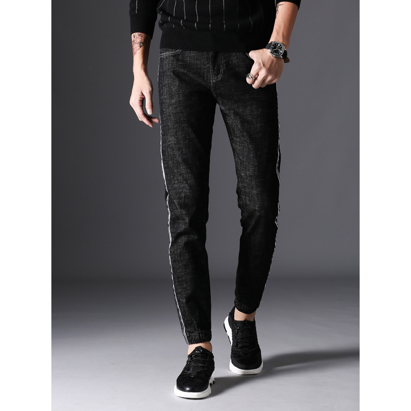 超音狼男装舒适透气韩版高弹牛仔弹力束脚九分裤2017HD-1809 29(2尺2) 黑色