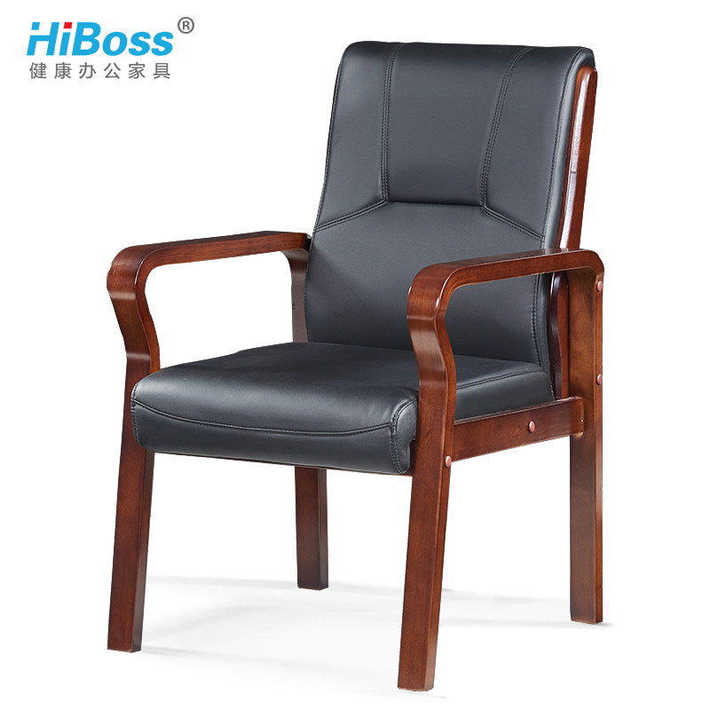 HiBoss 办公家具皮艺会议椅实木办公椅电脑椅四脚椅会客椅 黑色西皮（单位:把）