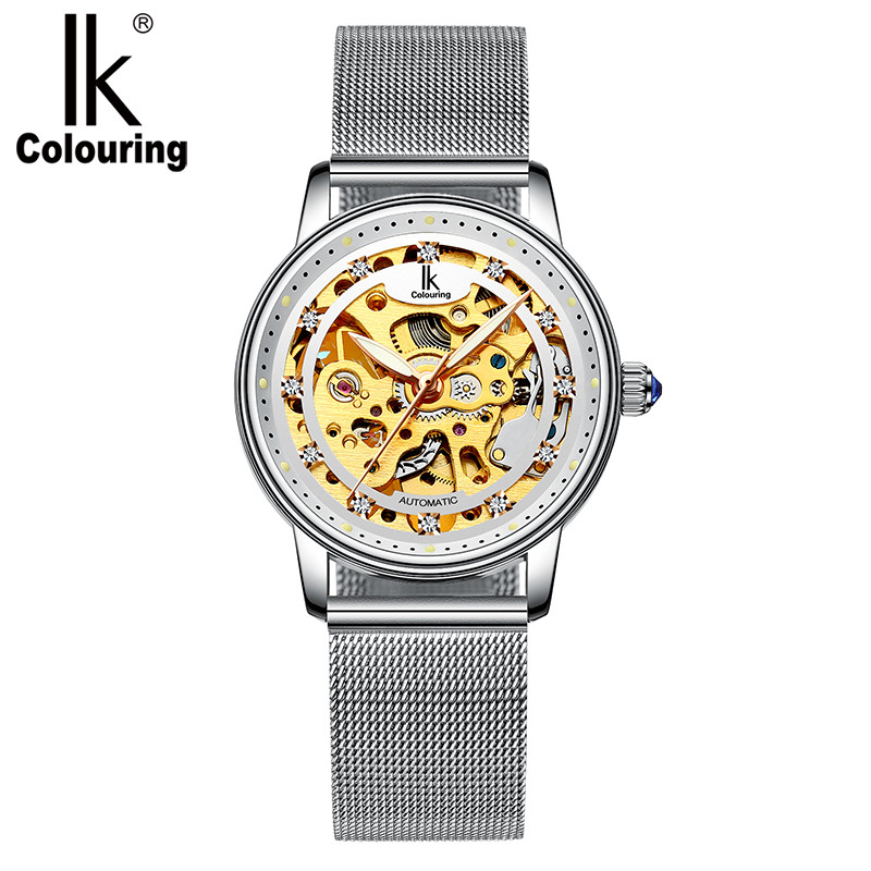 IK阿帕琦女表双面镂空全自动机械腕表镶钻时尚潮流优雅个性全自动机械手表女表98465G2 白壳白面金机银网带