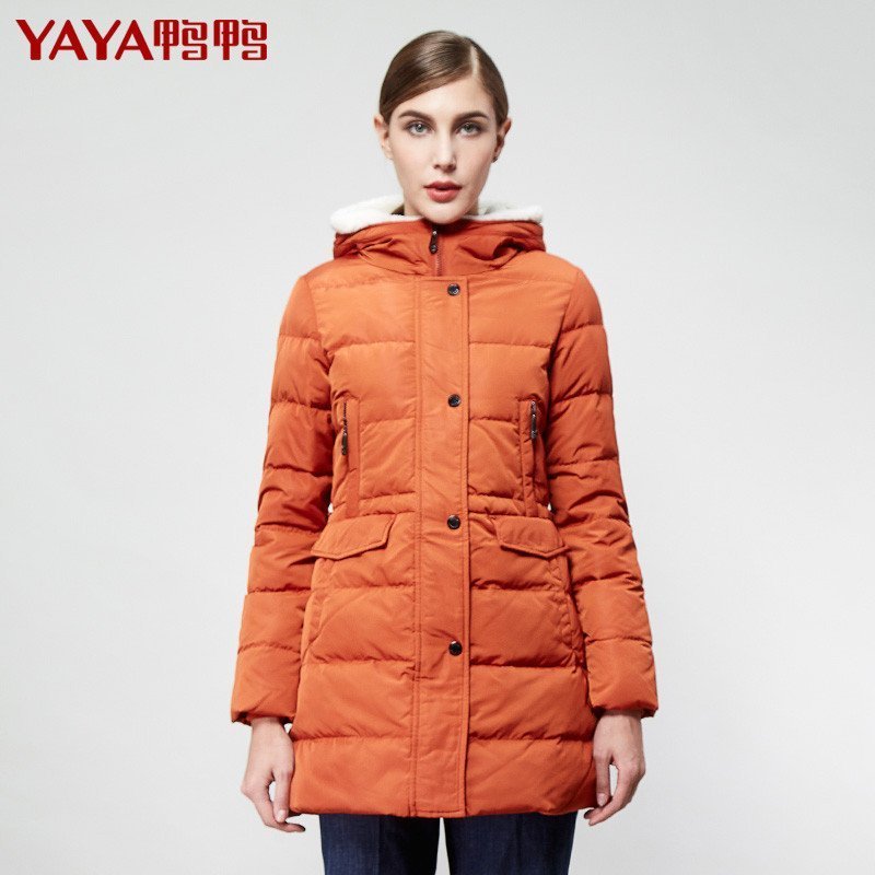 鸭鸭 秋冬新款连帽修身羽绒服女正品中长款女装外套B-328（橙色） 175/96A 橙色