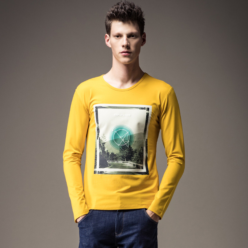 迪尔马奇春季新款男士休闲长袖T恤风景印花男装打底衫M07616 XL 黄色