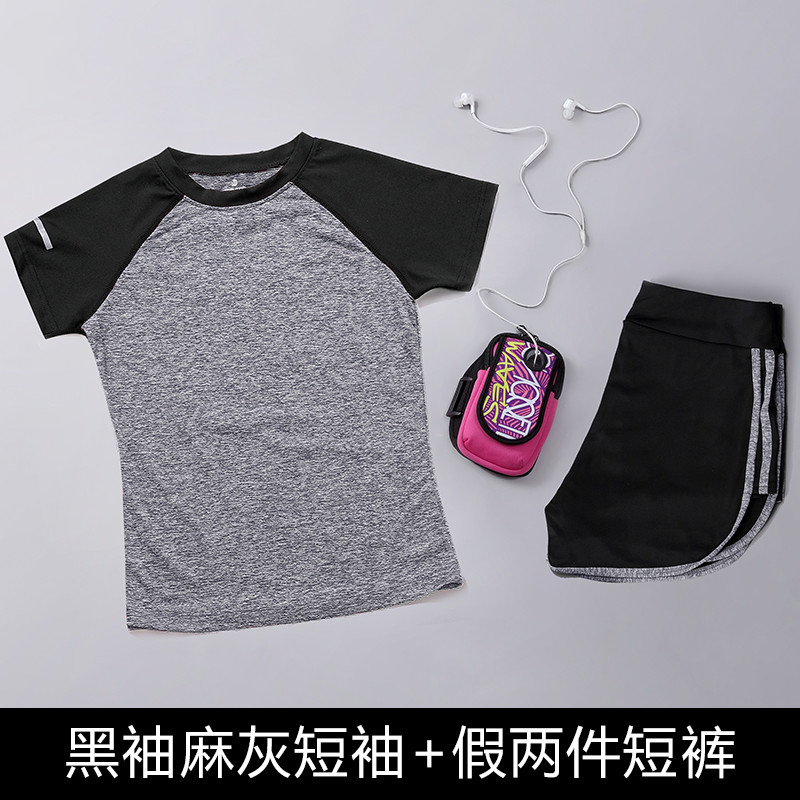 瑜伽服套装女跑步运动套装女夏健身房速干衣短袖运动短裤2017 M 黑袖麻灰短袖短裤二件套