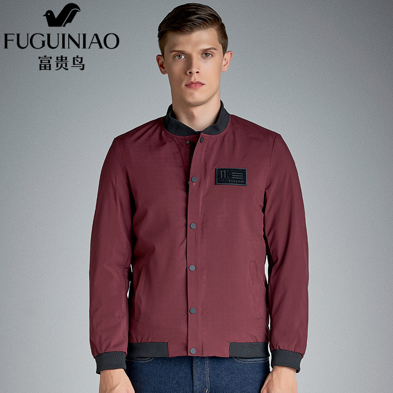 富贵鸟(FUGUINIAO)夹克男士立领外套2017新品修身棒球服潮 17121FG7006 M 酒红