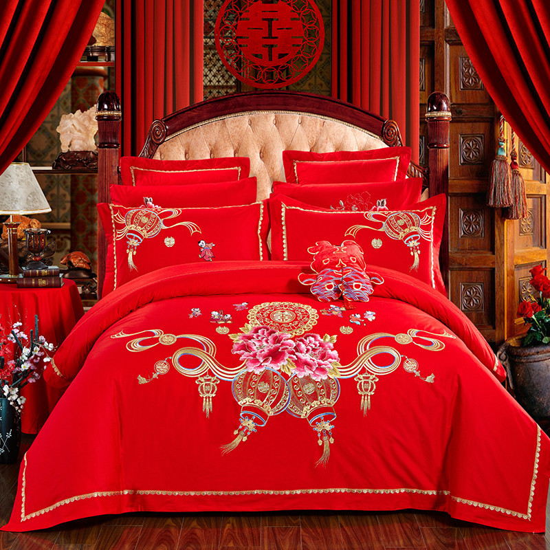 珀金家纺 婚庆纯棉四件套大红刺绣 贡缎提花结婚床上用品被套床单 八件套床单款1.8m床 龙腾凤舞B版