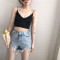 902新款复古港味夏季新款个性破洞侧面流苏花边拼接水洗浅色牛仔短裤女裤