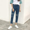 【新品首发】秋装新款韩版宽松显瘦高腰直筒乞丐破洞牛仔裤女学生休闲九分裤子 L 蓝色