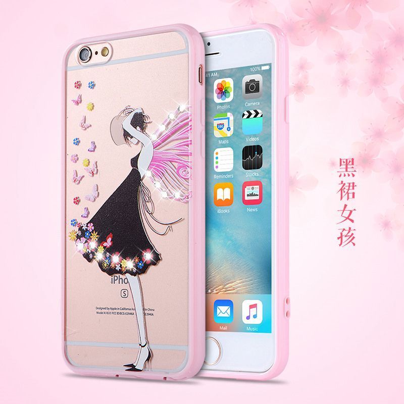 苹果iPhone6splus手机套iPhone6plus水钻壳带挂绳5.5寸防摔透明20 黑裙女孩