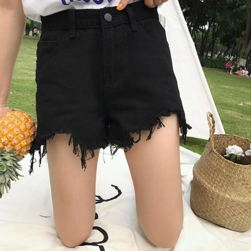 夏装女装韩版高腰阔腿裤宽松显瘦毛边缺口白色牛仔裤短裤学生热裤_2 L 黑色