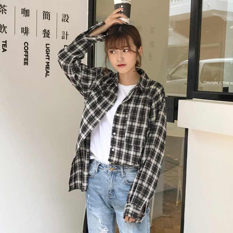 夏装女装韩版bf风宽松薄款长袖格子衬衫中长款显瘦休闲衬衣防晒衣_2 均码 黑色
