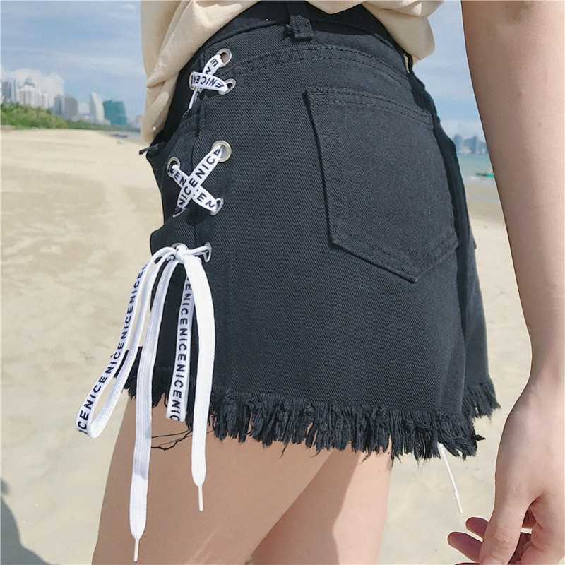 夏装女装韩版时尚毛边绑带牛仔短裤个性显瘦阔腿裤宽松高腰热裤潮_1 S 黑色绑带牛仔短裤