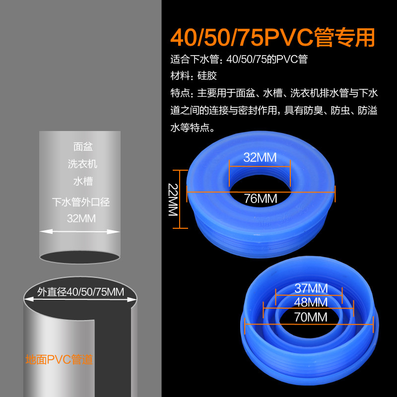 卫生间洗衣机防臭器卫浴防臭地漏芯硅胶内芯铜不锈钢下水管密封圈 蓝色40/50/75pvc管密封圈