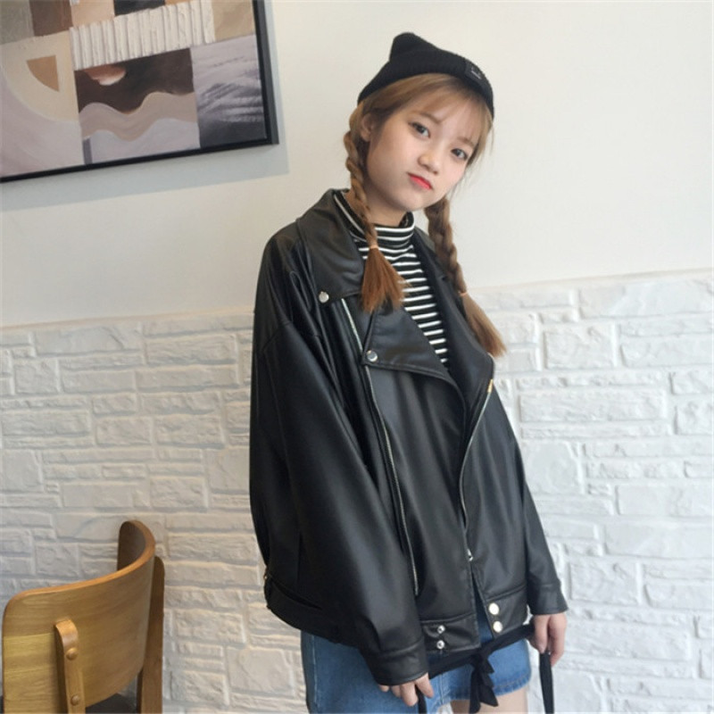 bw9新款春秋韩版宽松原宿风bf机车皮衣大码棒球服宽松外套女PU皮学生夹克
