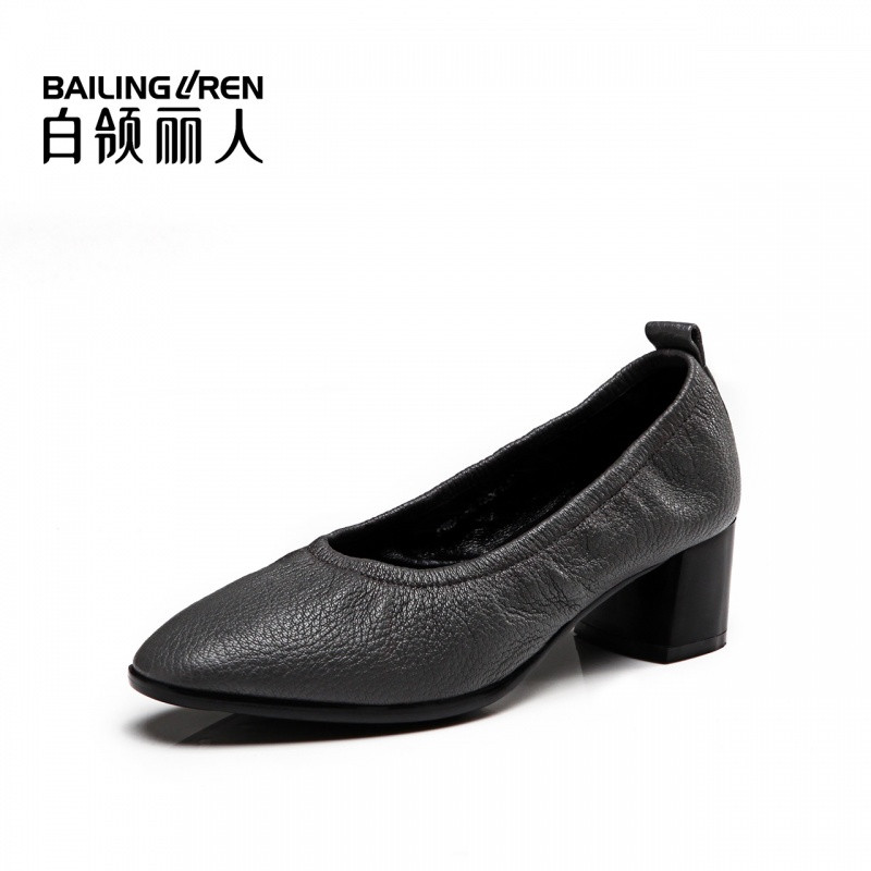 白领丽人秋季新款牛皮圆头粗跟一脚蹬女鞋时尚欧美浅口奶奶鞋 灰色现货 35