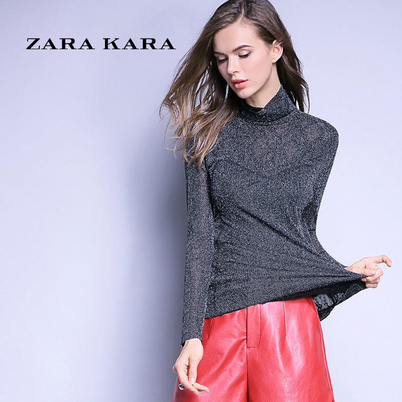 ZARA KARA秋冬新款修身性感打底毛衣针织衫女套头薄款高领亮丝上衣 L 黑色