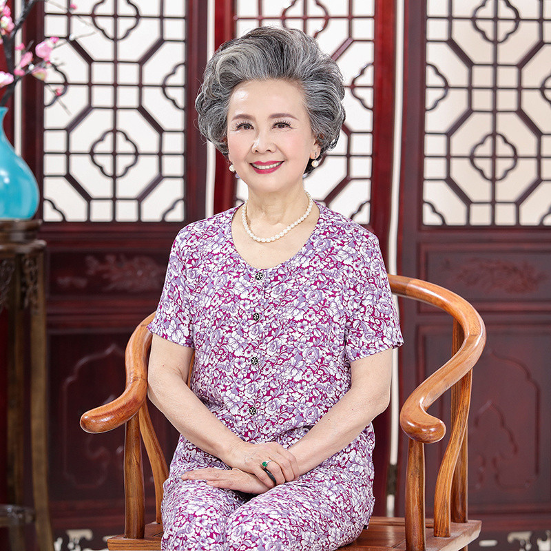 bw9新款奶奶夏装套装老人睡衣短袖两件套妈妈装中老年夏季绵绸休闲家居服 3XL（125-135斤） 花色10