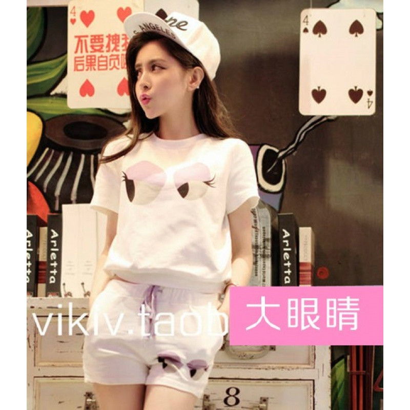 bw9新款夏季短袖睡衣女子纯棉韩版薄款大码宽松可外穿运动套装少女家居服 XL【113-131斤】 大眼睛