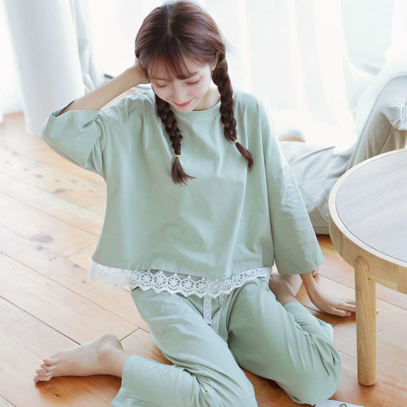 bw9新款秋冬清新森女风甜美睡衣女莫代尔棉七分袖两件套可爱韩版家居服套 默认尺寸 默认颜色