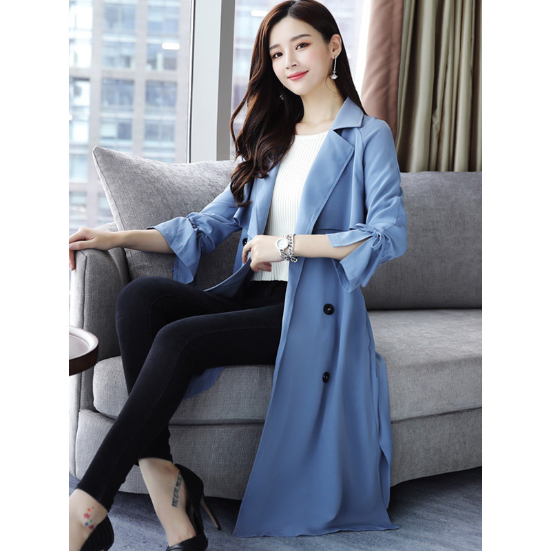 丝柏舍2018秋季新款纯色长袖外套中长款修身气质风衣 女S73R0070F 蓝色 L