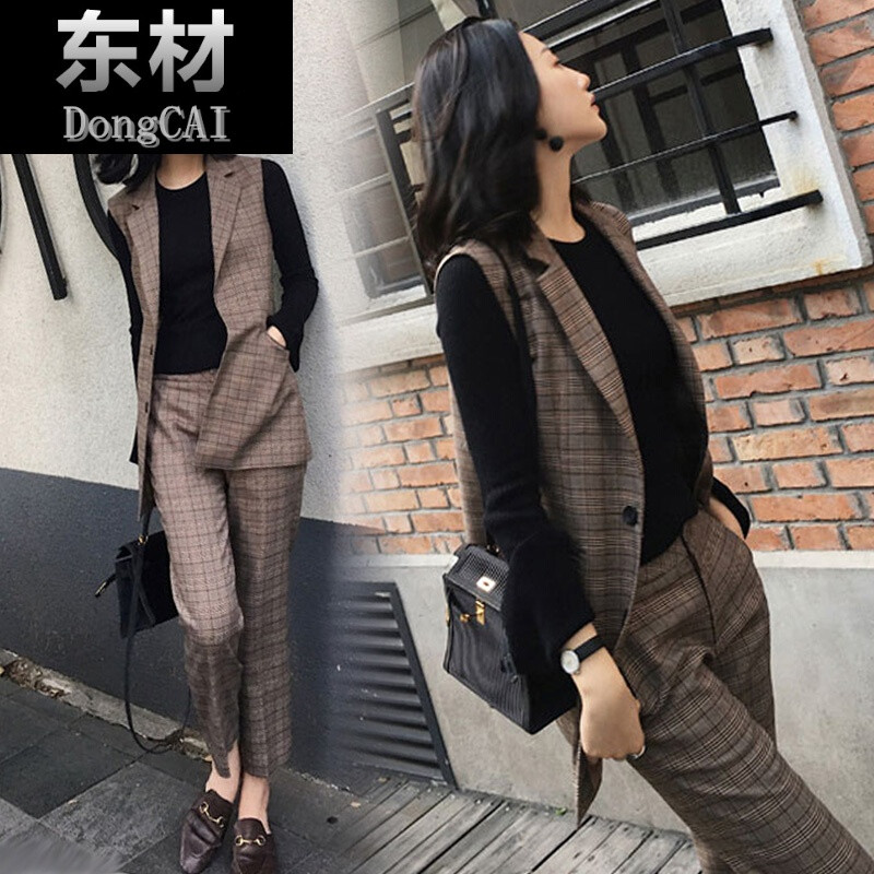 秋季新款小复古时髦风英伦风格纹马甲套装女格子西装 S 驼色裤子