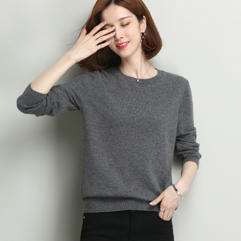 玛思蓓丝秋冬短款100%纯羊绒衫女低圆领打底衫长袖针织衫纯色毛衣 L 大地色