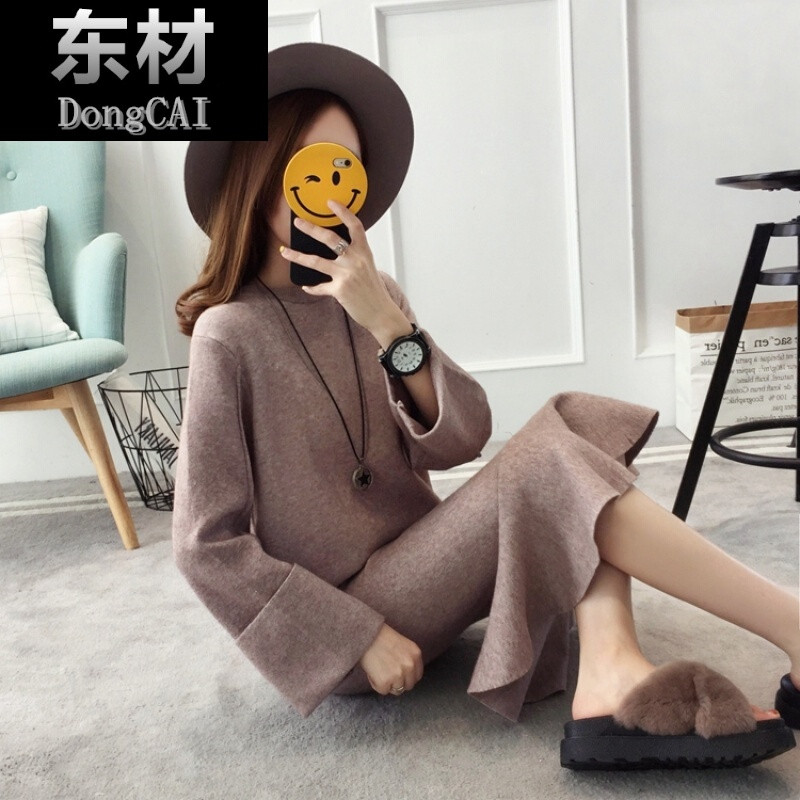 秋季套装裙女韩版两件套2017新款潮秋装女装毛衣外套毛线裙子枣红色均码 默认尺寸 紫粉色