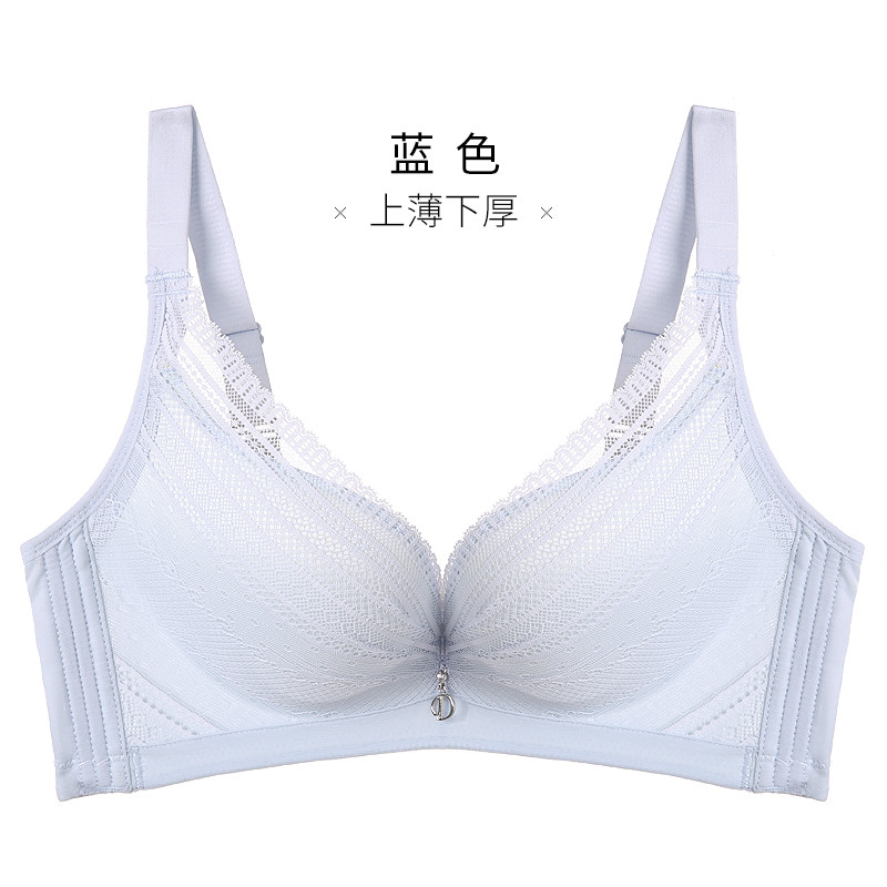 千奈美秋冬新品性感奢华蕾丝纯色舒适上薄下厚透气轻盈聚拢无钢圈文胸 75B 蓝色