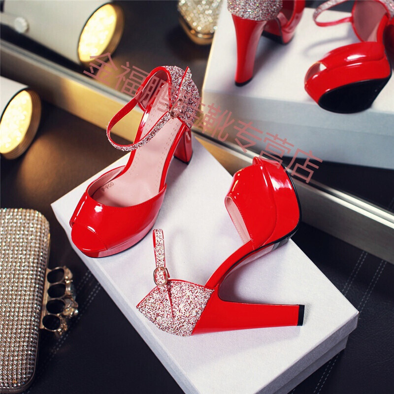 CAETIENT2016夏季新款性感凉鞋女粗跟高跟鞋简约防水台厚底女鞋一字扣带中空时尚鱼嘴 红色 42