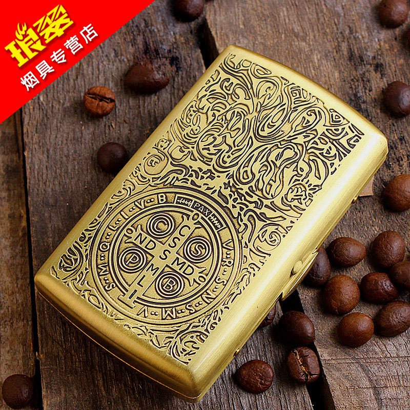 双枪纯铜12支装烟盒雕刻康斯坦丁个性创意金属香菸烟夹男士随身 棕色