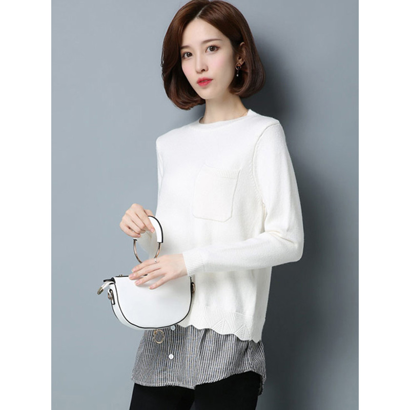 丝柏舍 2017秋装新款女装圆领长袖条纹拼接下摆套头毛衣S74S0026M 均码 白色