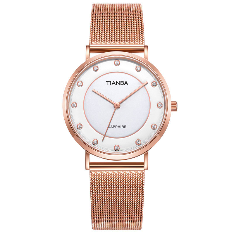 天霸(TIANBA)新款时尚进口太阳能光动能金属网带超薄石英情侣手表防水光能表手表女TL9006.02SR