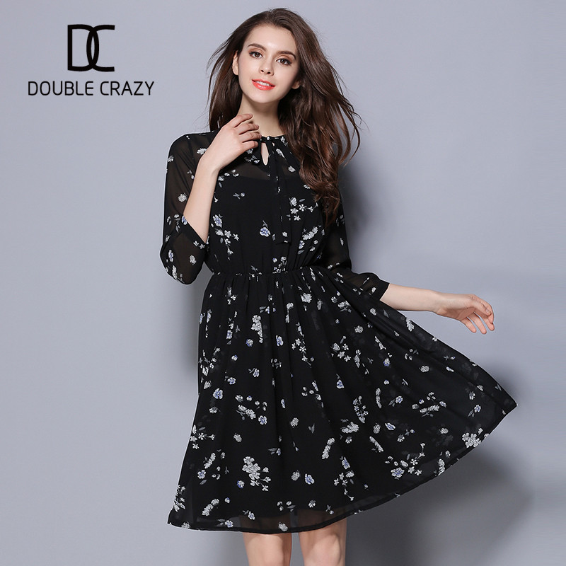 DoubleCrazy2017雪纺连衣裙小碎花中长款两件套中袖裙胖MM纱裙 S 黑色碎花