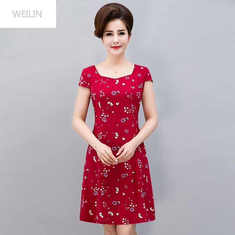 WEILIN夏款中老年女装棉绸连衣裙中年妈妈装