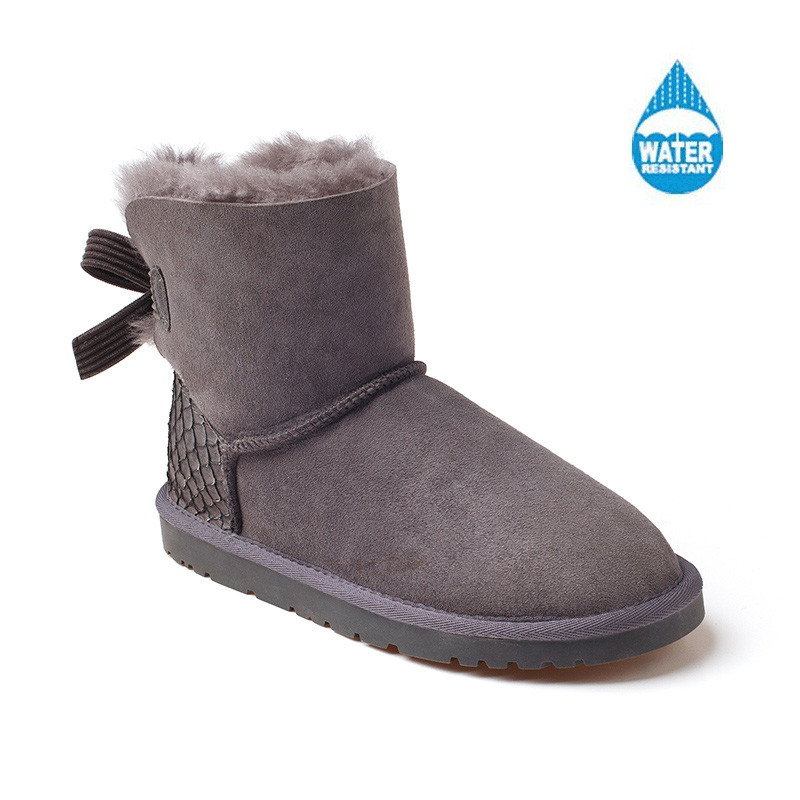OZWEAR UGG OB143 II 防泼水单蝴蝶结低筒女鞋羊皮毛一体雪地靴 灰色 38码