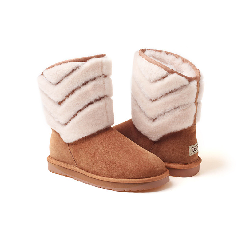 OZWEAR UGG OB185 秋冬季新款翻毛中筒羊毛雪地靴 栗色 35码