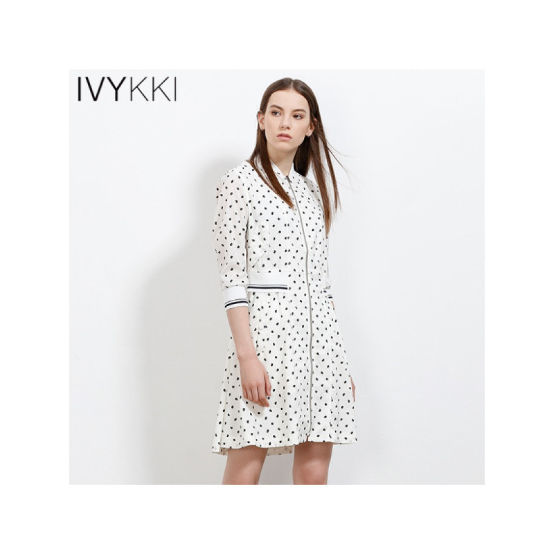 Ivykki艾维2017新款女装时尚印花斑点七分袖连衣裙女夏修身裙子 34/XS/155 0010白底印花