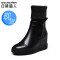 白领丽人秋冬新款牛皮毛线加绒高跟女鞋内增高坡跟女靴女鞋 黑色现货 38