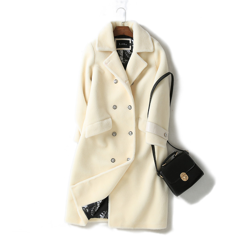 兰奥2017冬季新款长款羊剪绒皮草大衣女英伦款修身羊毛皮草外套女 175/96A/XXL 米色