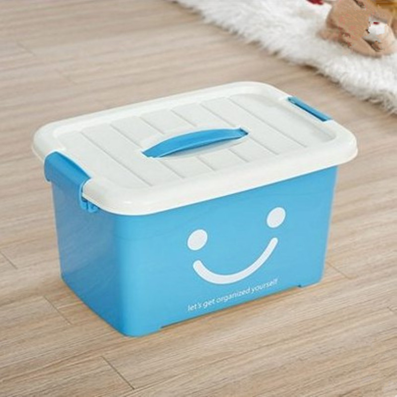 加厚食品级透明收纳箱整理箱塑料盒子有盖大中小号手提储物箱包邮 加厚新款笑脸蓝色
