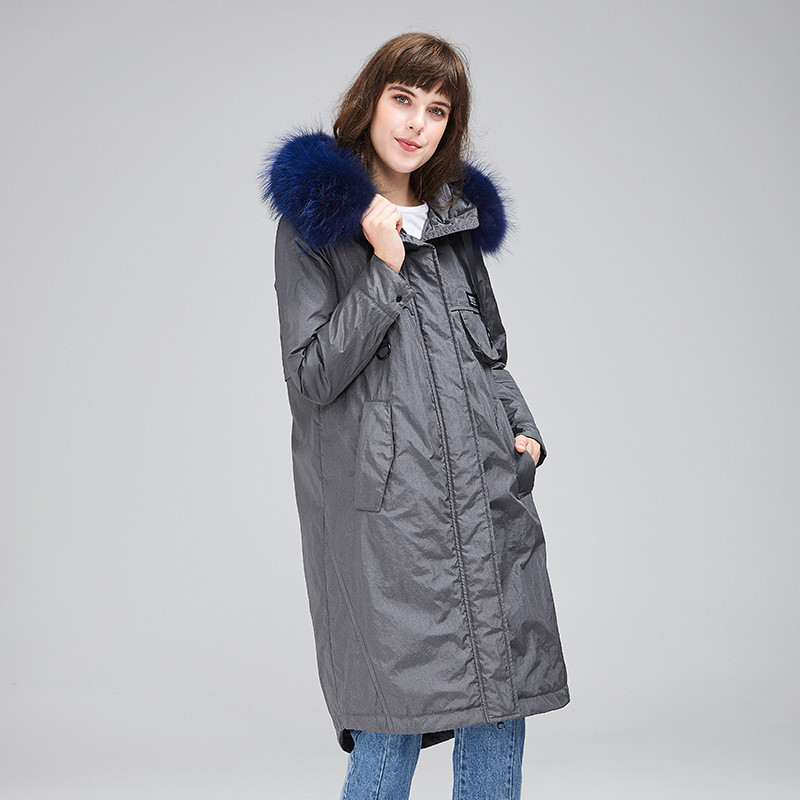 高梵2017新款时尚貉子大毛领羽绒服女中长款纯色冬装加厚保暖外套 L 银灰色