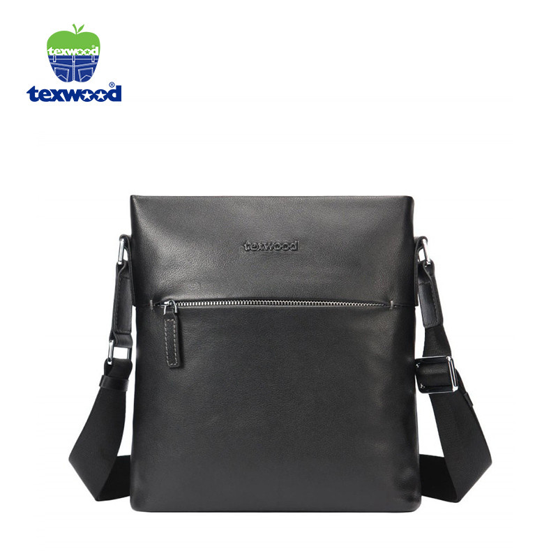 texwood牛皮简约时尚男斜挎包 黑色