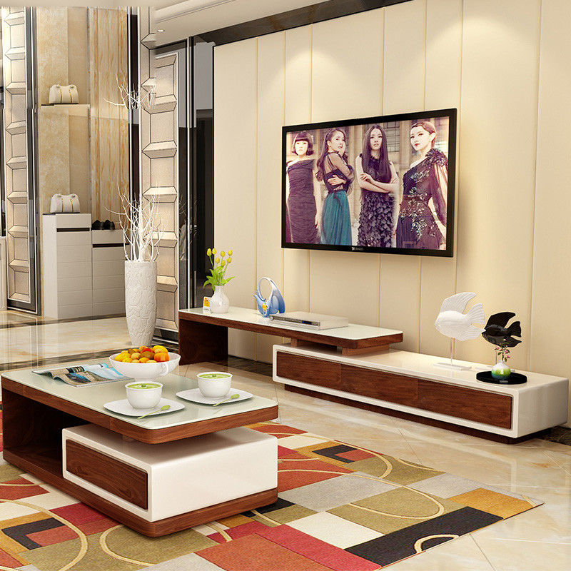 欧卡森客厅小户型电视柜简约现代茶几组合简单可伸缩烤漆电视机矮柜地柜 茶几+电视柜木纹色