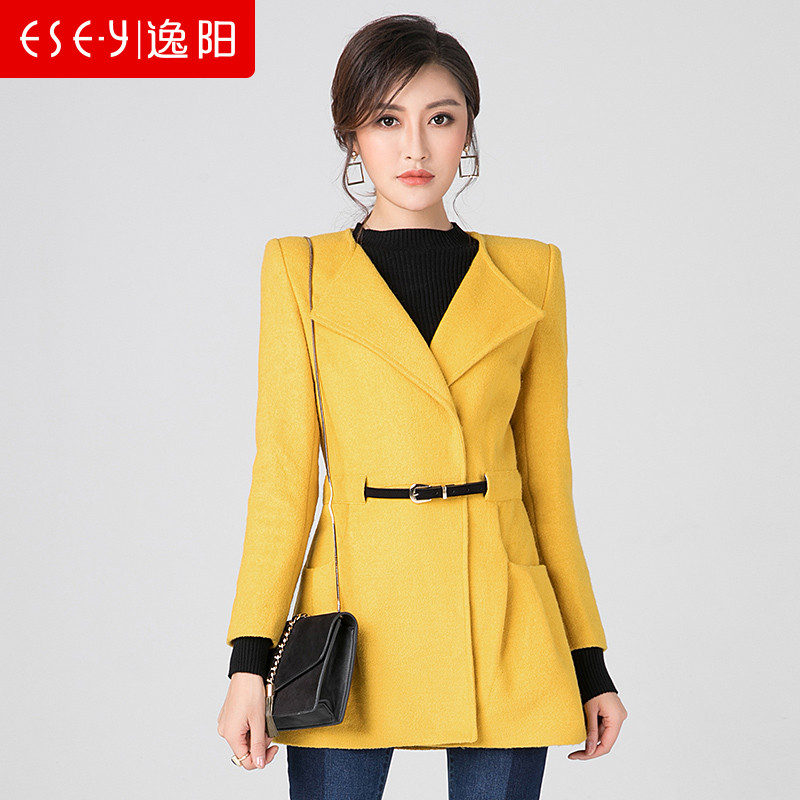 逸阳气质羊毛呢子收腰外套上衣 黄色 2XL