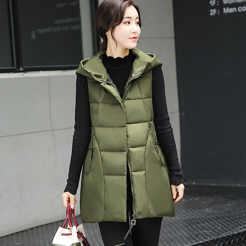 棉马甲女秋冬新款大码韩版修身中长款羽绒棉马夹冬天加厚保暖背心 3XL 军绿色