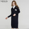 Neelly/纳俪2017冬季新款中长款v领宽松显瘦套头通勤连衣裙打底衫 M 藏青